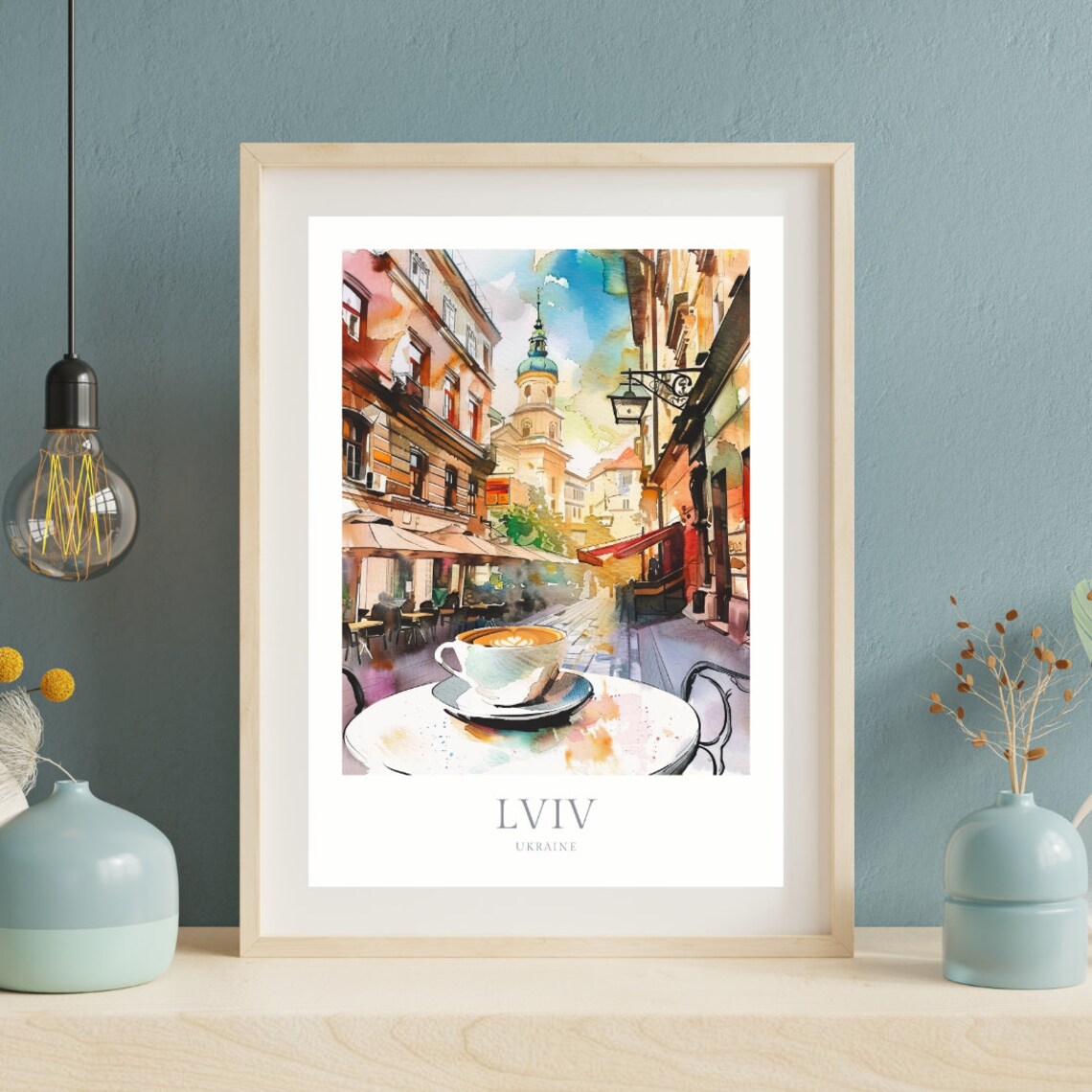 Lviv Ukraine Watercolor Old Town Cafe Cappuccino Street Travel Poster - Image 2