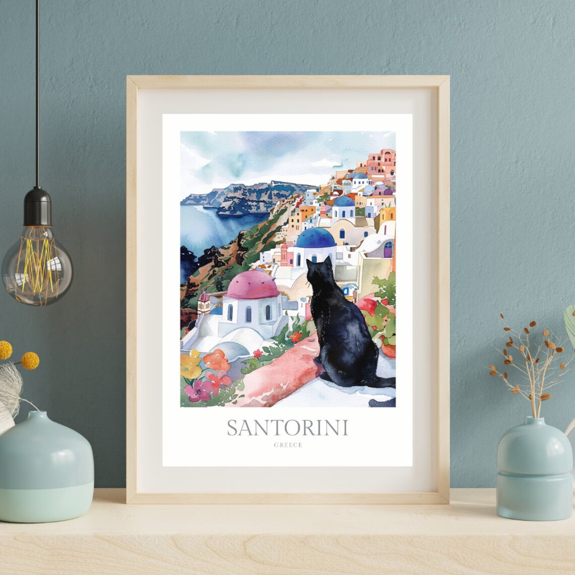 Santorini Greece Black Cat Blue Dome Watercolor Island Travel Poster - Image 2