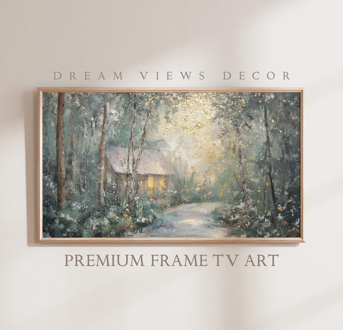 Golden Forest Cabin Glowing Light Dreamy Woodland Painting Wall Art