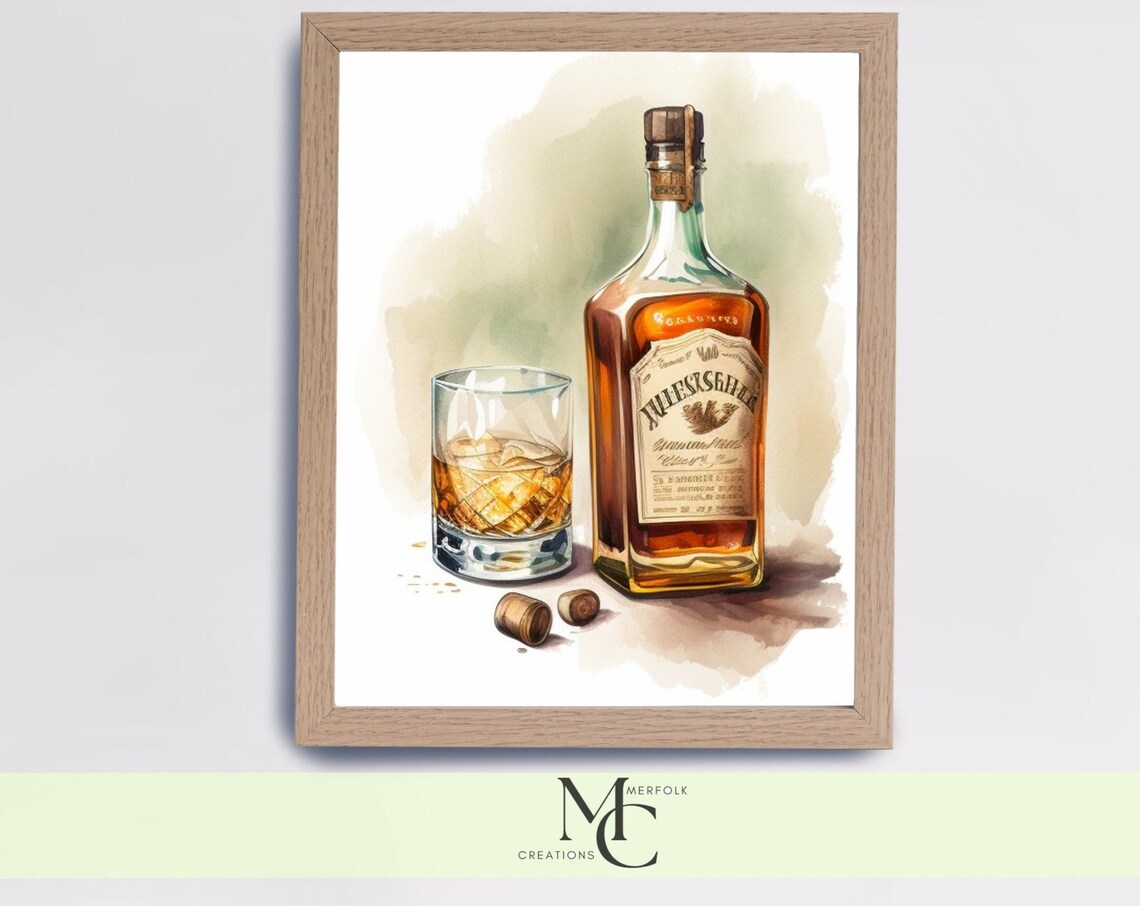 Whiskey Bottle and Crystal Glass Watercolor Bar Cart Wall Poster