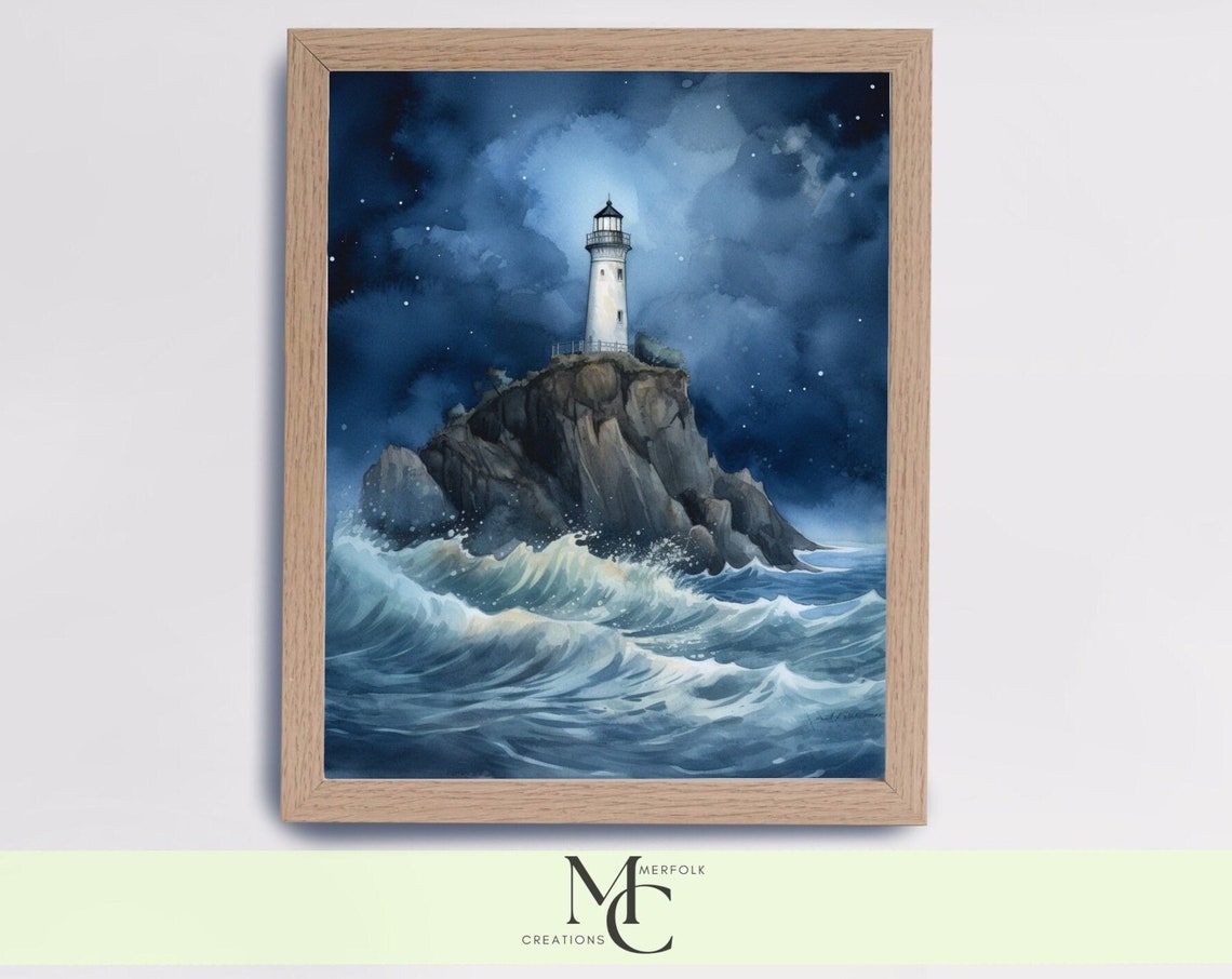 White Lighthouse on a Cliff at Night Over Crashing Ocean Waves Poster