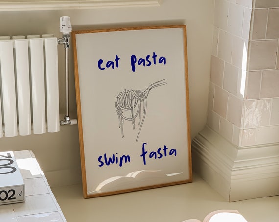 Spaghetti Art Pasta Poster Trendy Retro Wall Art Swimming Print Funny Kitchen Food Art Wall Decor Pasta Print Motivational