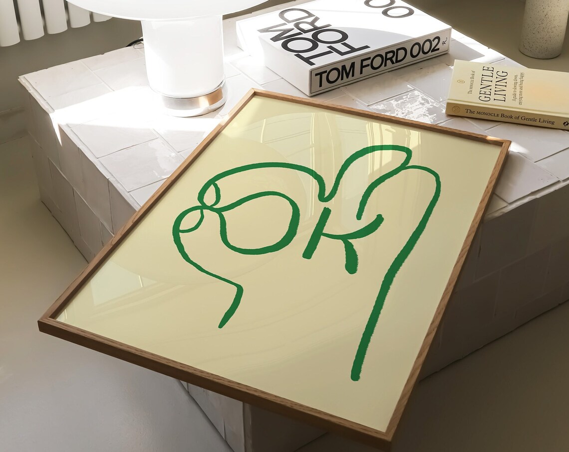 OK Hand Gesture Green Line Art Minimal Yellow Trendy Abstract Poster - Image 4