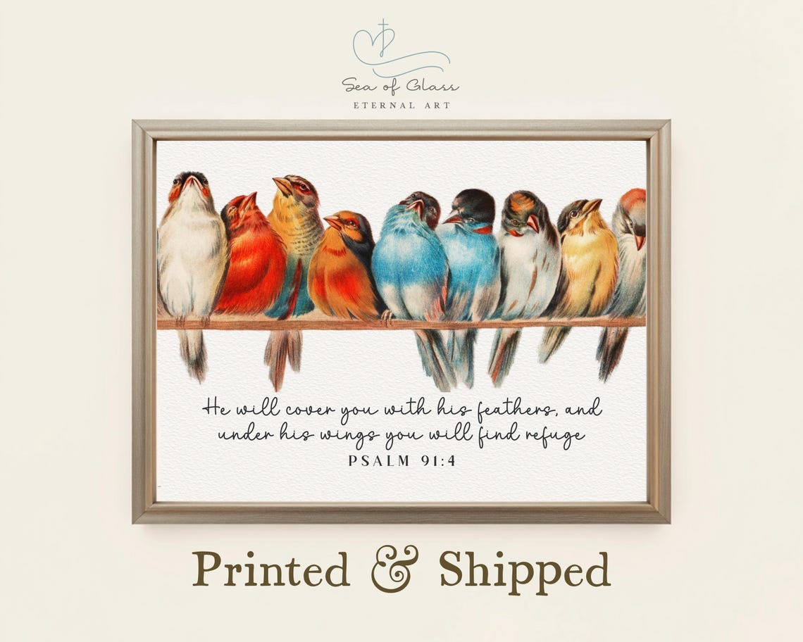 Psalm 91 4 Birds on Branch Refuge Scripture Verse Christian Art Print