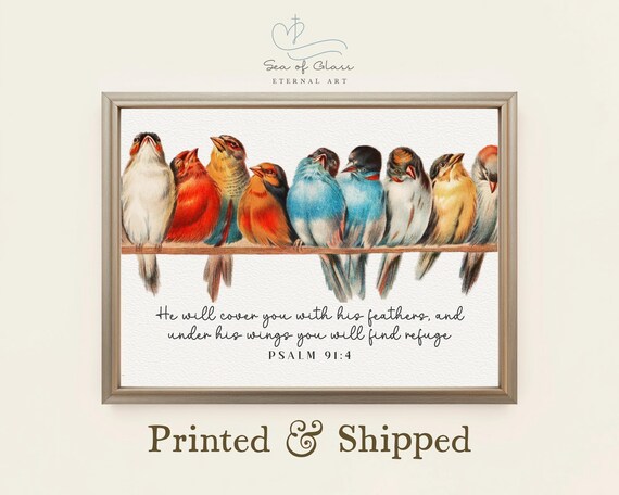 Psalm 91 4 Birds on Branch Refuge Scripture Verse Christian Art Print
