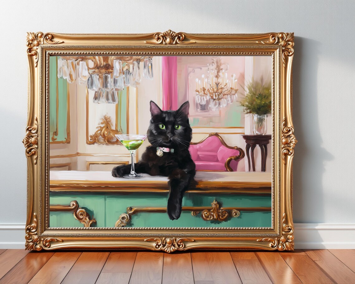 Black Cat Cocktail Bar Elegant Retro Painting Whimsical Feline Poster