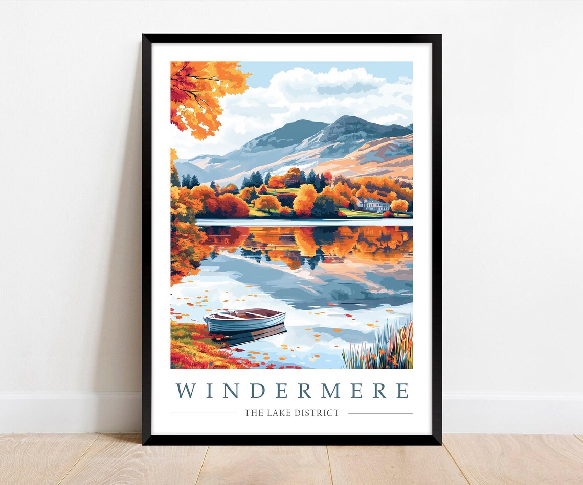 Windermere Lake District Autumn Lakeside with a Wooden Rowboat Poster