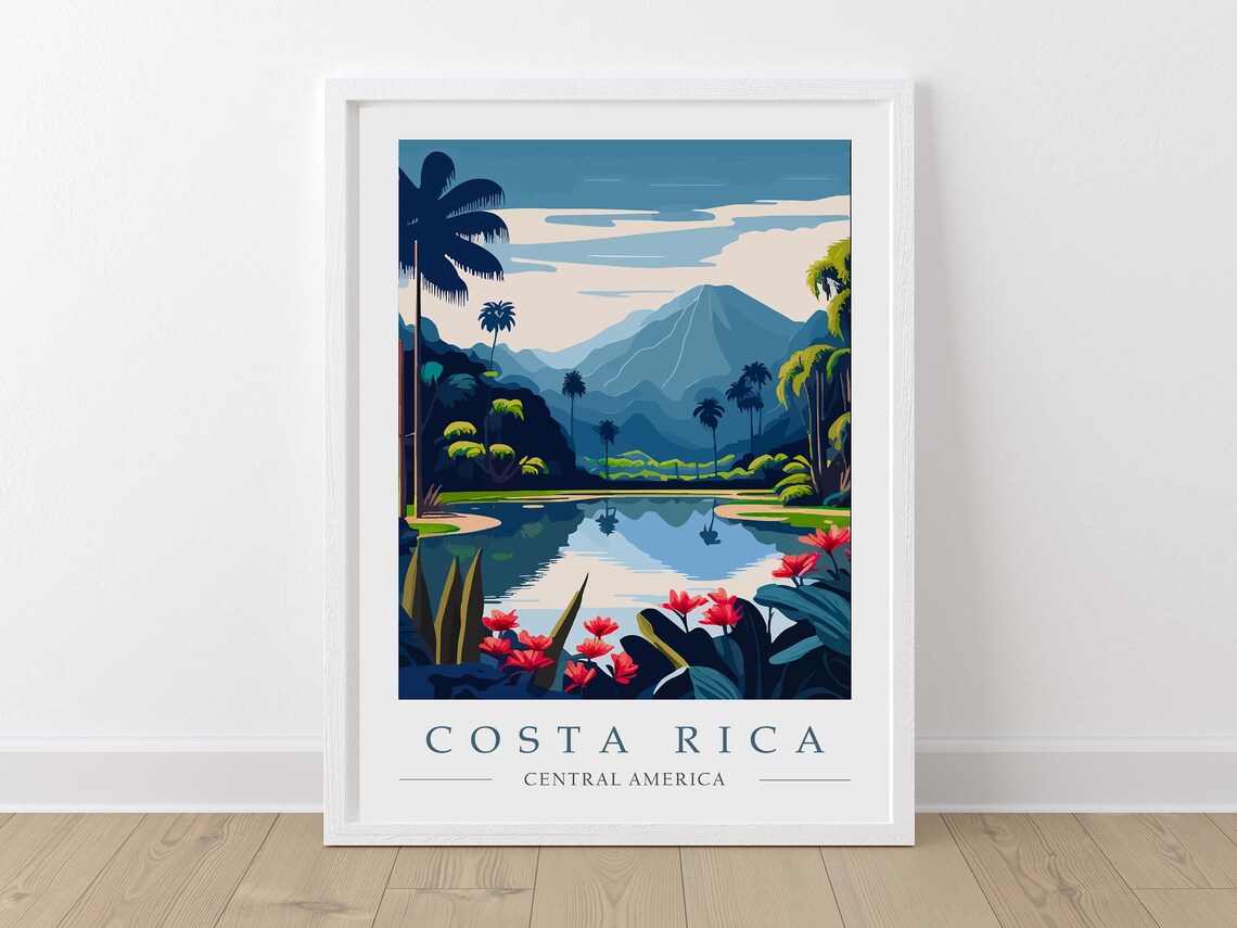 Costa Rica Tropical Jungle Lake with Volcano Peak Travel Poster - Image 2