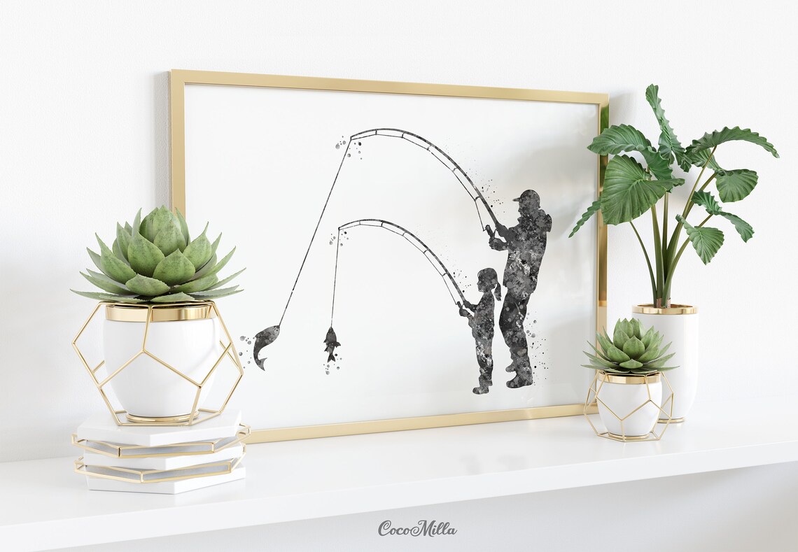 Dad And Daughter Fishing Watercolor Poster, Gift For Father - Image 2