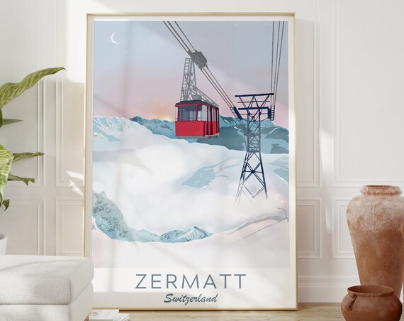 Zermatt Switzerland Red Cable Car Snowy Alps Dusk Travel Poster