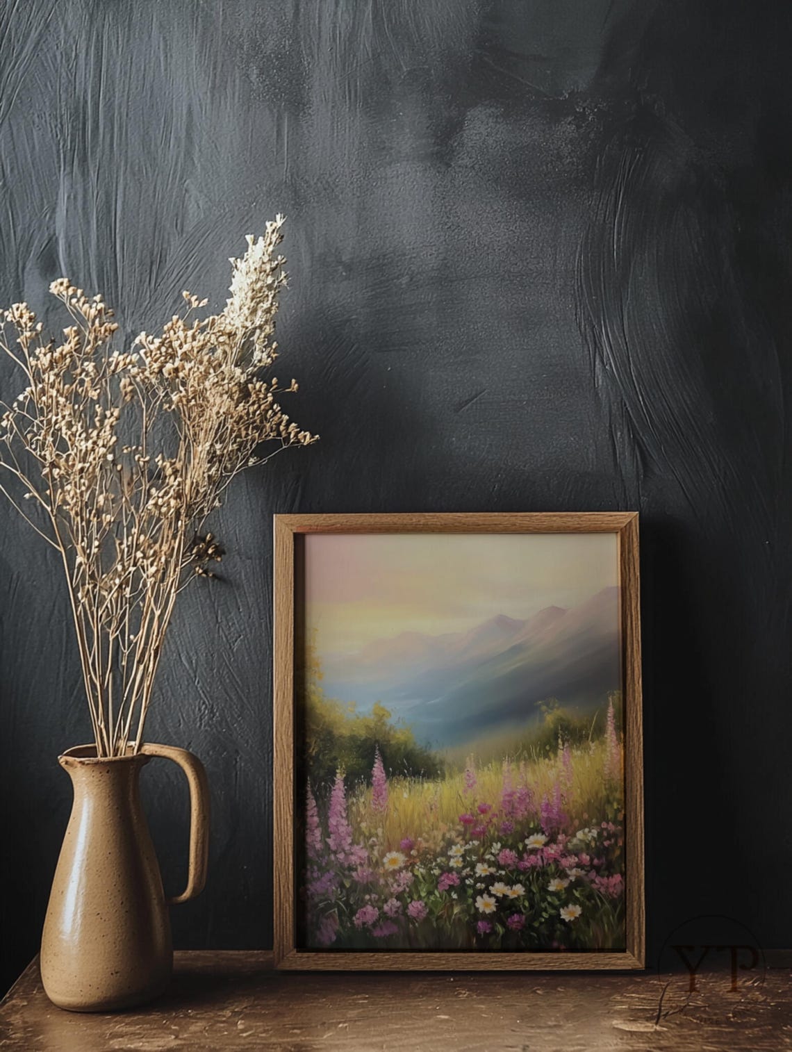Pink Lupine Wildflower Meadow Mountain Valley Sunset Art Poster - Image 2