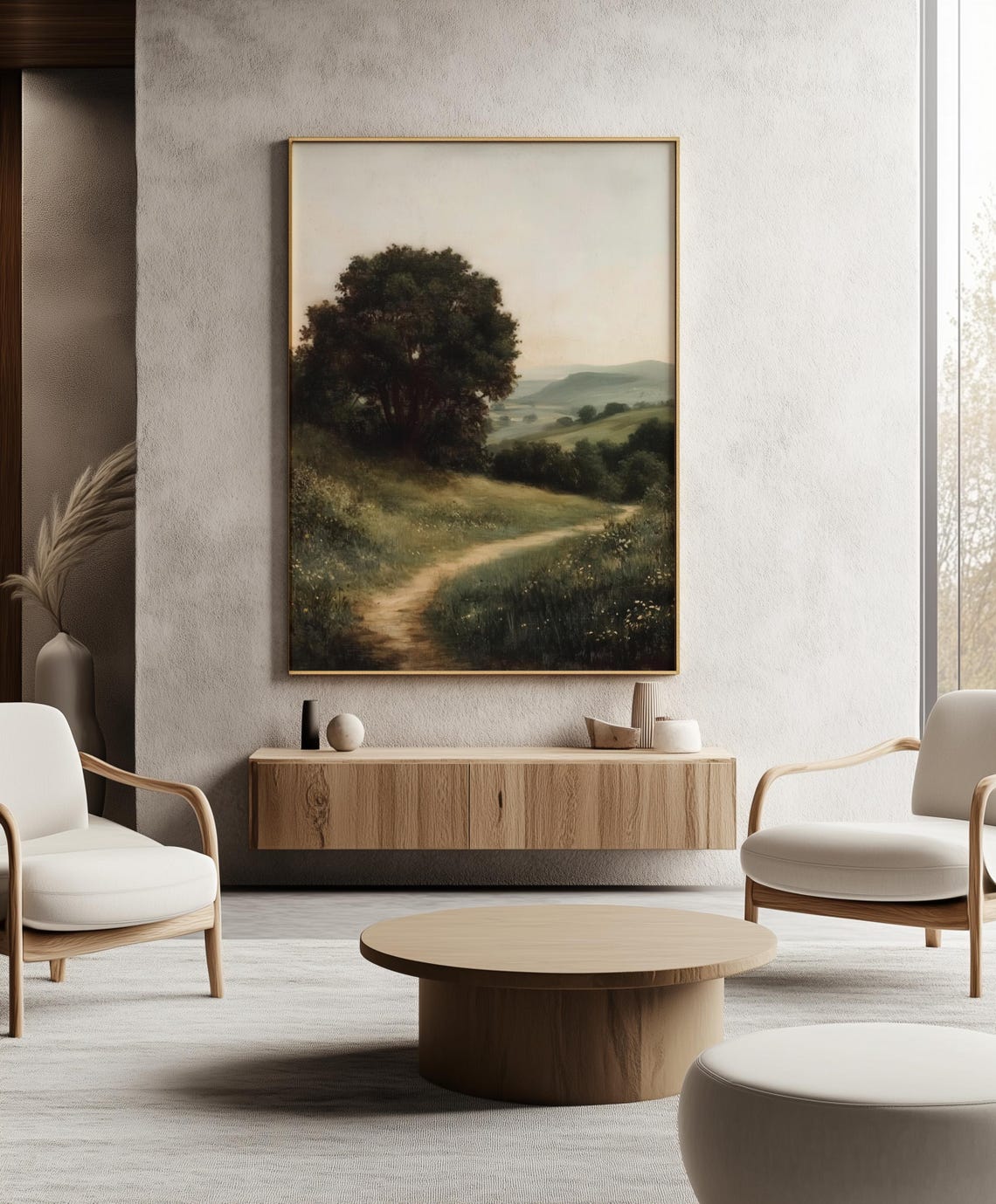 Moody Green Countryside Pathway Old Tree Misty Hills Art Poster - Image 2