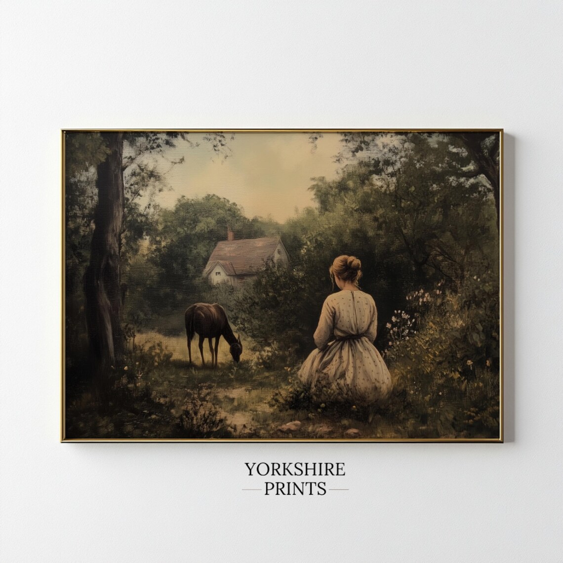 Vintage Woman With Horse Woodland Cottage Scene Country Art Poster - Image 2