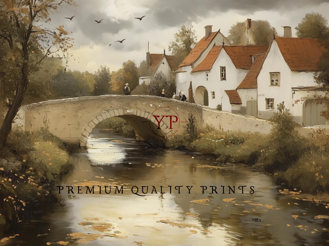 European Village Stone Bridge Over River Vintage Countryside Poster - Image 3