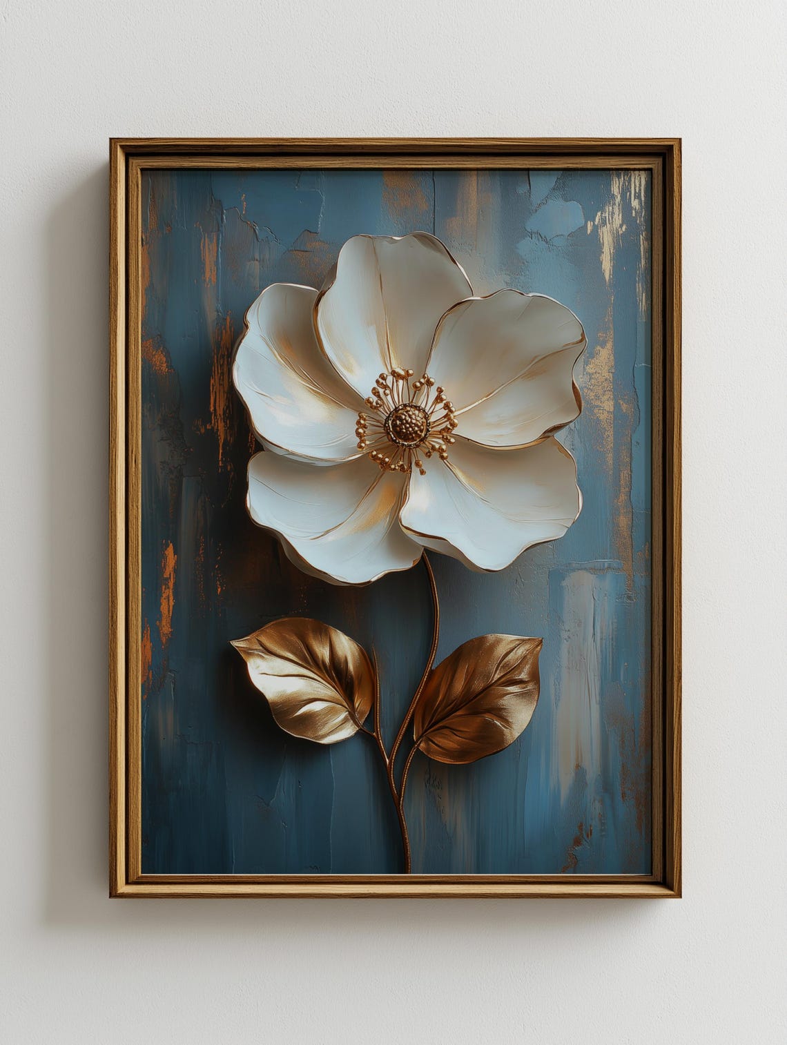 White And Gold Metallic Flower On Textured Blue Modern Art Poster - Image 2