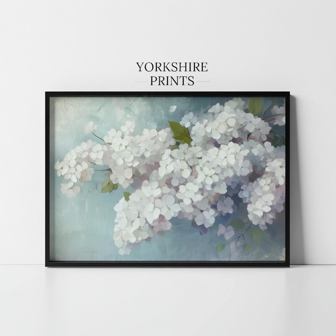 White Hydrangea Blooms Soft Blue Botanical Floral Oil Poster - Image 2