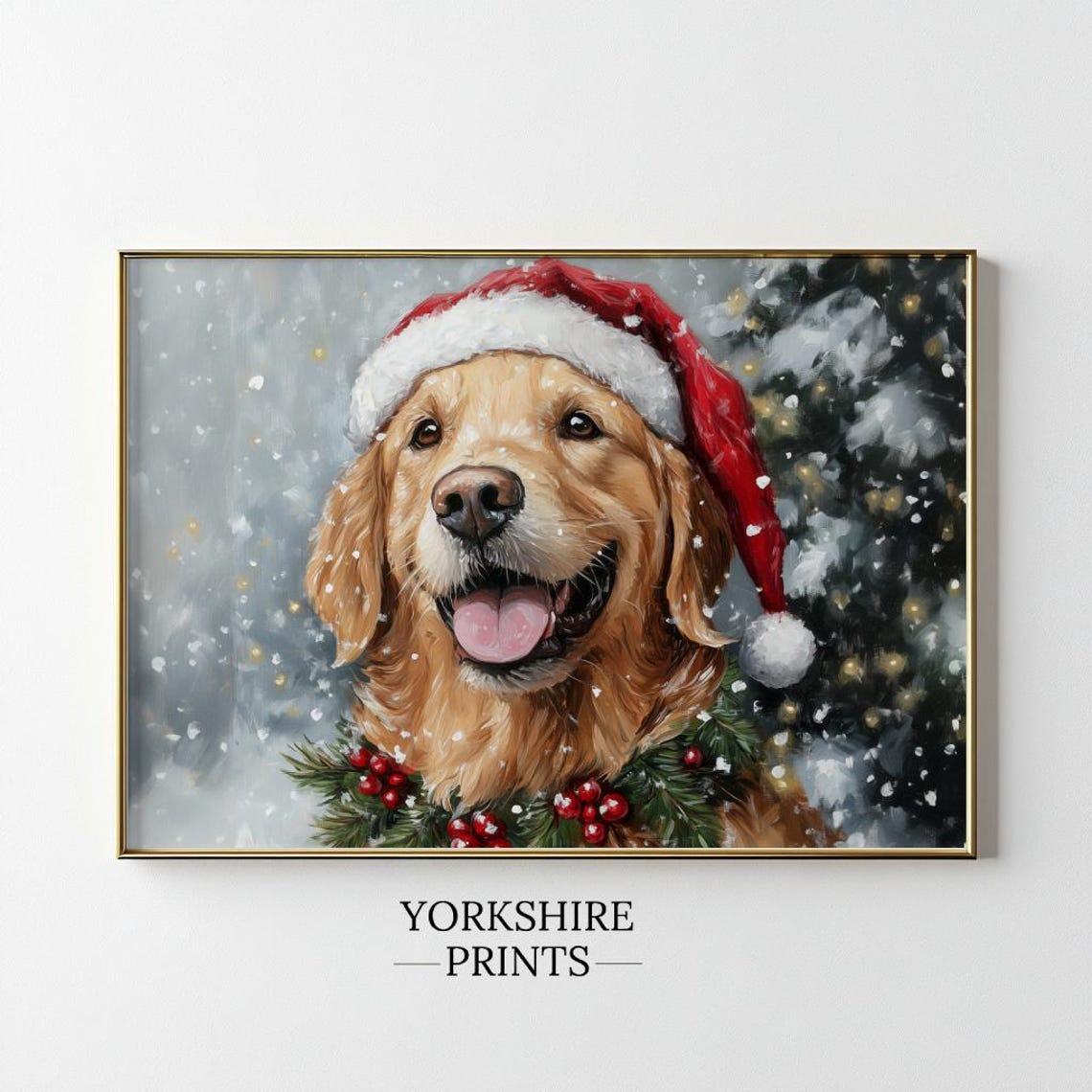 Golden Retriever Christmas Wall Art Christmas Dog Wall Art Golden Retriever Christmas Painting Dog Vintage Oil Painting - Image 3