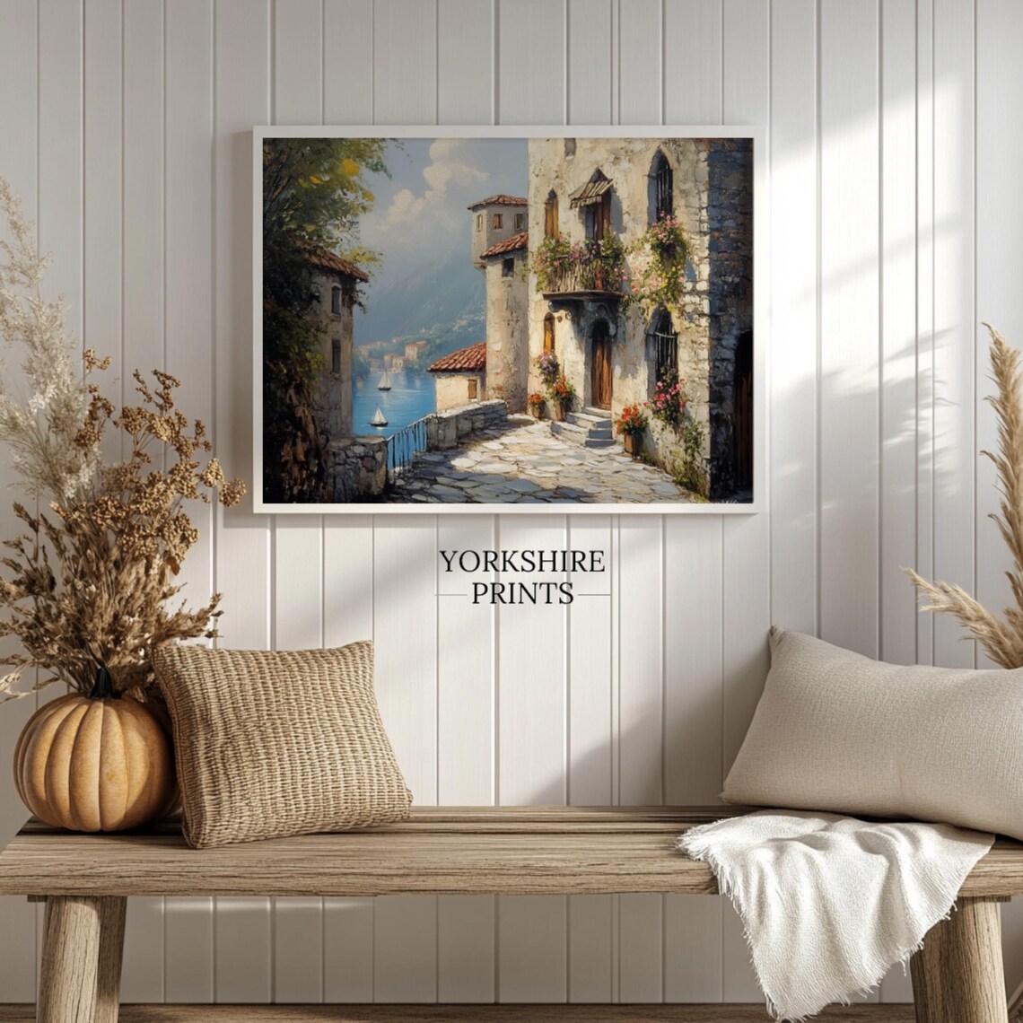 Italian Lakeside Village Street Stone Buildings Sailboats Art Poster - Image 3