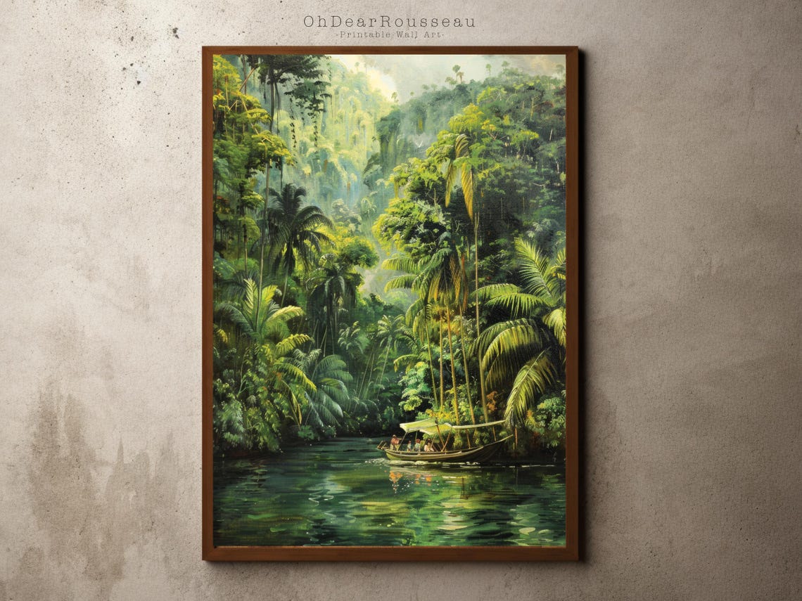 Lush Tropical Jungle River With Boat Vintage Adventure Art Poster