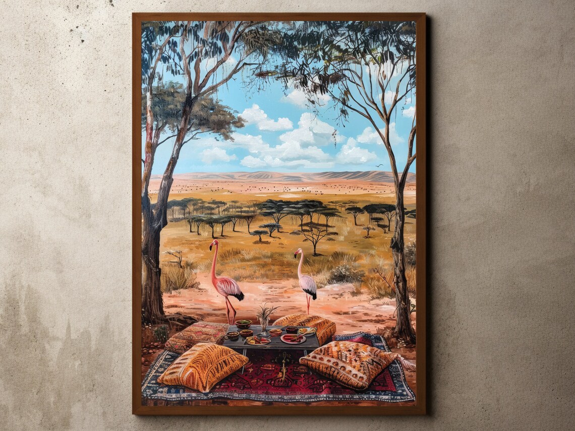 Vintage Safari Picnic with Flamingos Savannah Landscape Art Poster