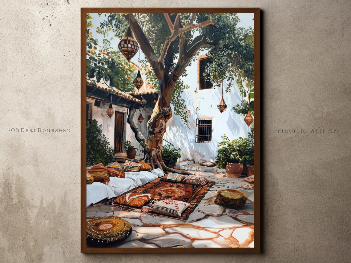 Moroccan Riad Courtyard Lanterns Bohemian Patio Travel Poster