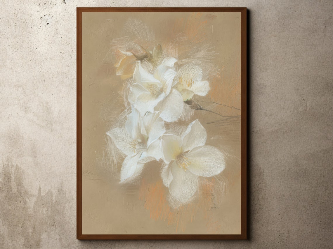 White Blossom Watercolor Flowers Soft Beige Neutral Floral Wall Art