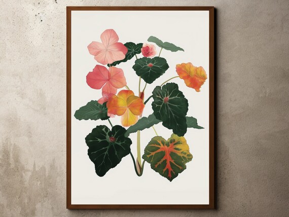 Vintage Begonia Leaf Print Botanical Art Tropical Jungle Watercolor Painting Wall Henri Rousseau Decor