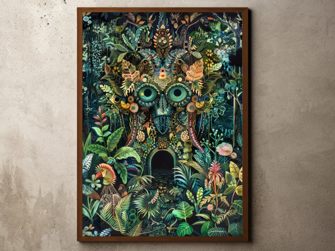 Whimsical Dark Jungle Owl Face Hidden in Lush Tropical Leaves Poster