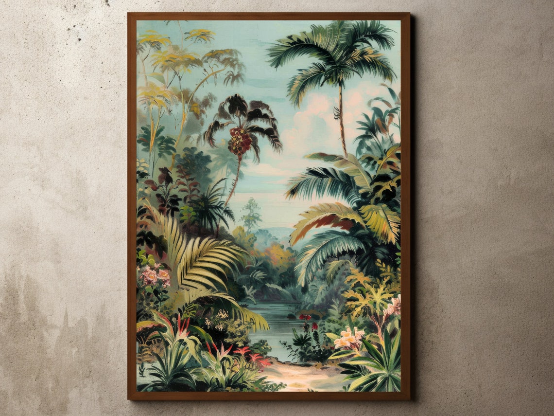 Classic Vintage Tropical Jungle River With Palms Landscape Poster