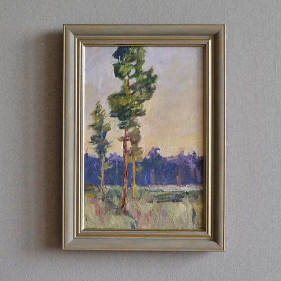 Original Framed Landscape Oil Painting On Canvas Nature Scene With Tall Pine Trees And River At Sunset European Fine Art One Of A Kind