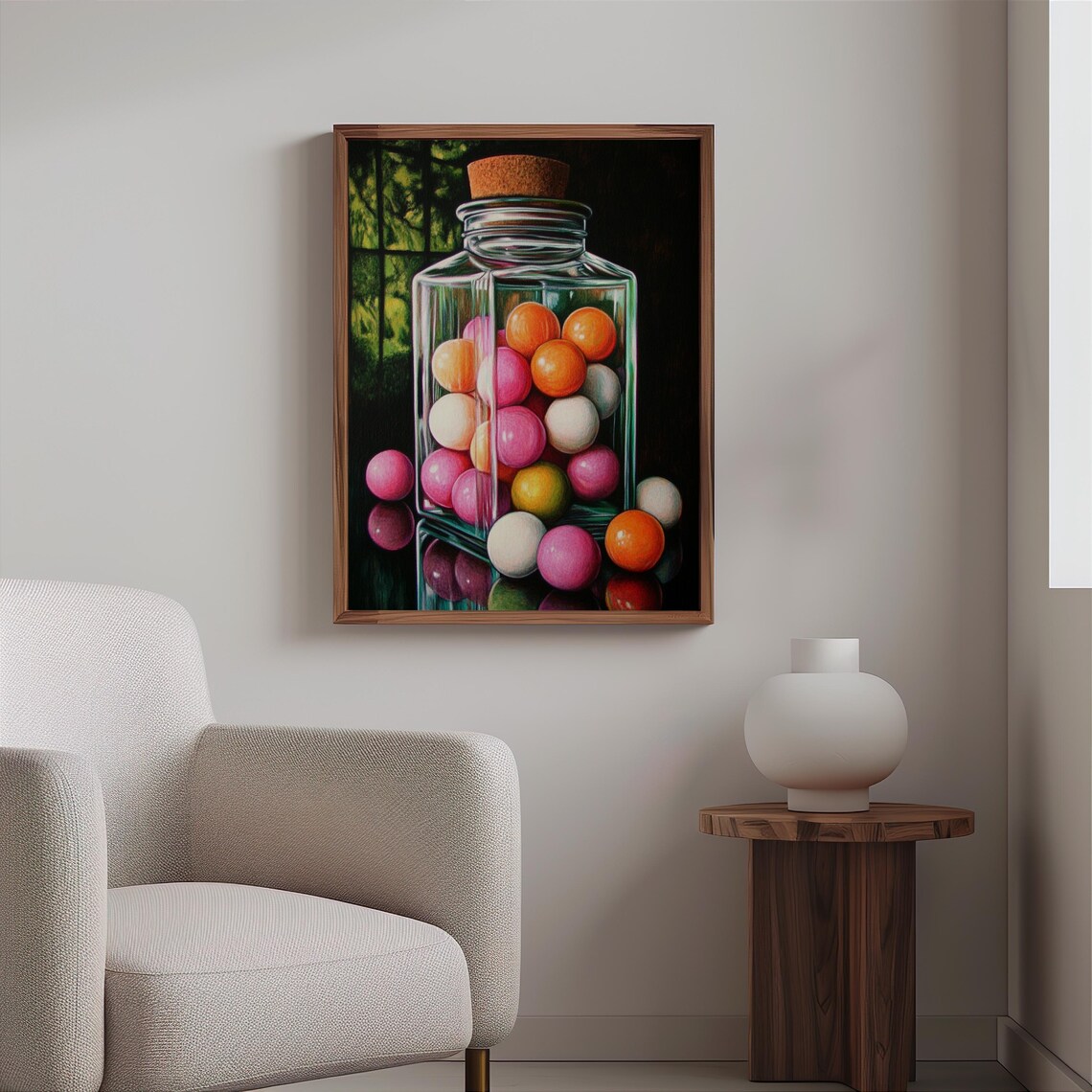 Corked Glass Jar Pastel Pink Gumballs Dark Green Backdrop Poster - Image 2