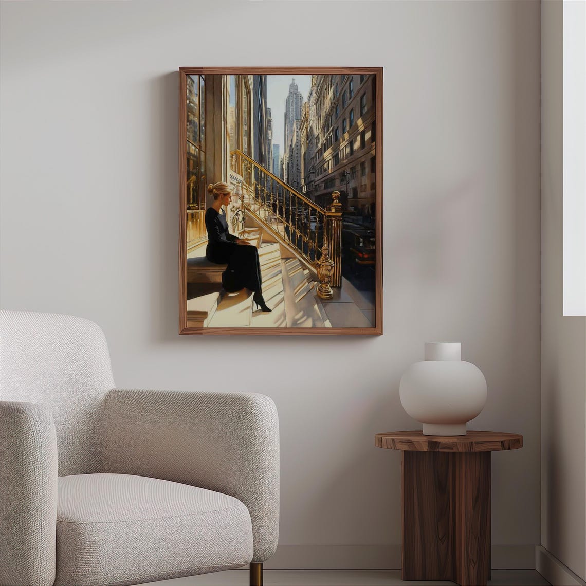 Photorealistic Woman On Steps Brass Railing City Skyscraper Poster - Image 2