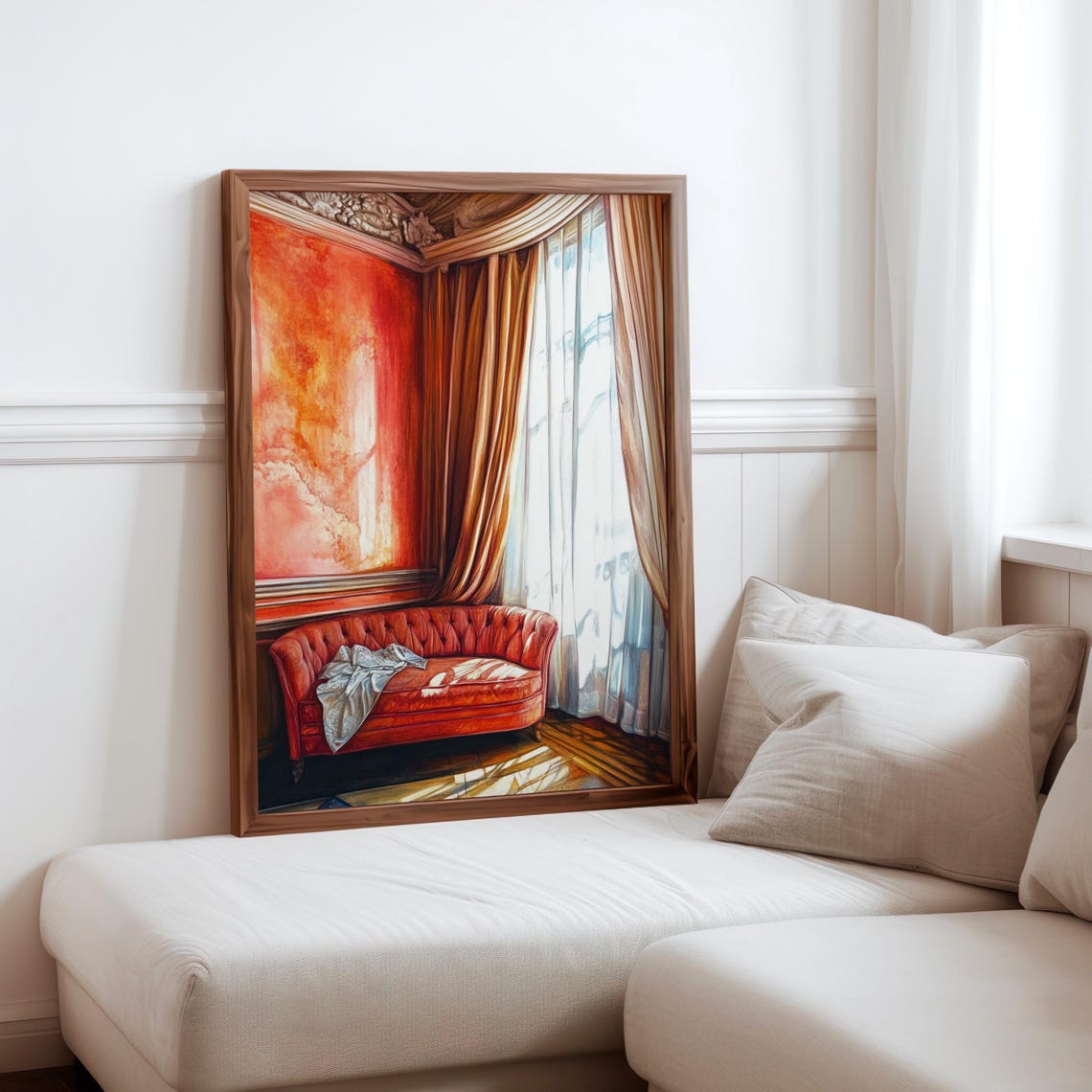 Red Chesterfield Sofa Draped Window Orange Wall Interior Poster