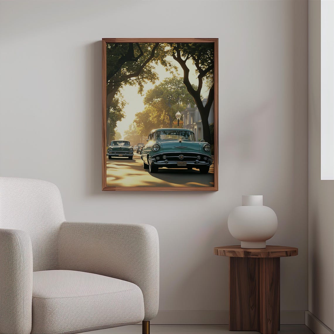 Turquoise Vintage Sedans Golden Sunset Tree Lined Boulevard Poster - Image 2