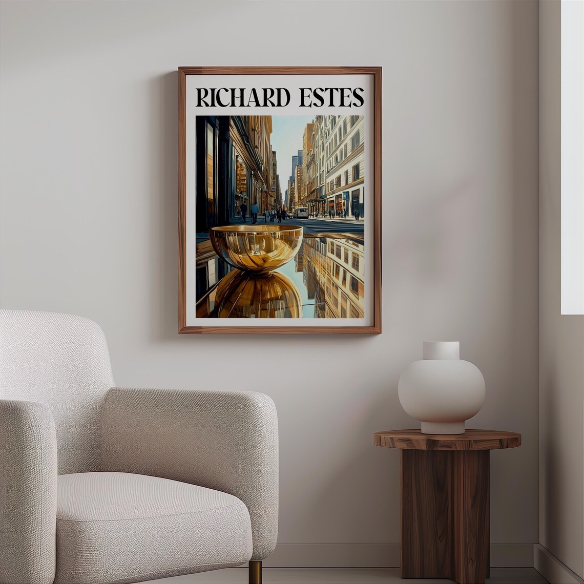 Golden Chalice Sculpture Street Reflection Mirrored City Art Poster - Image 2