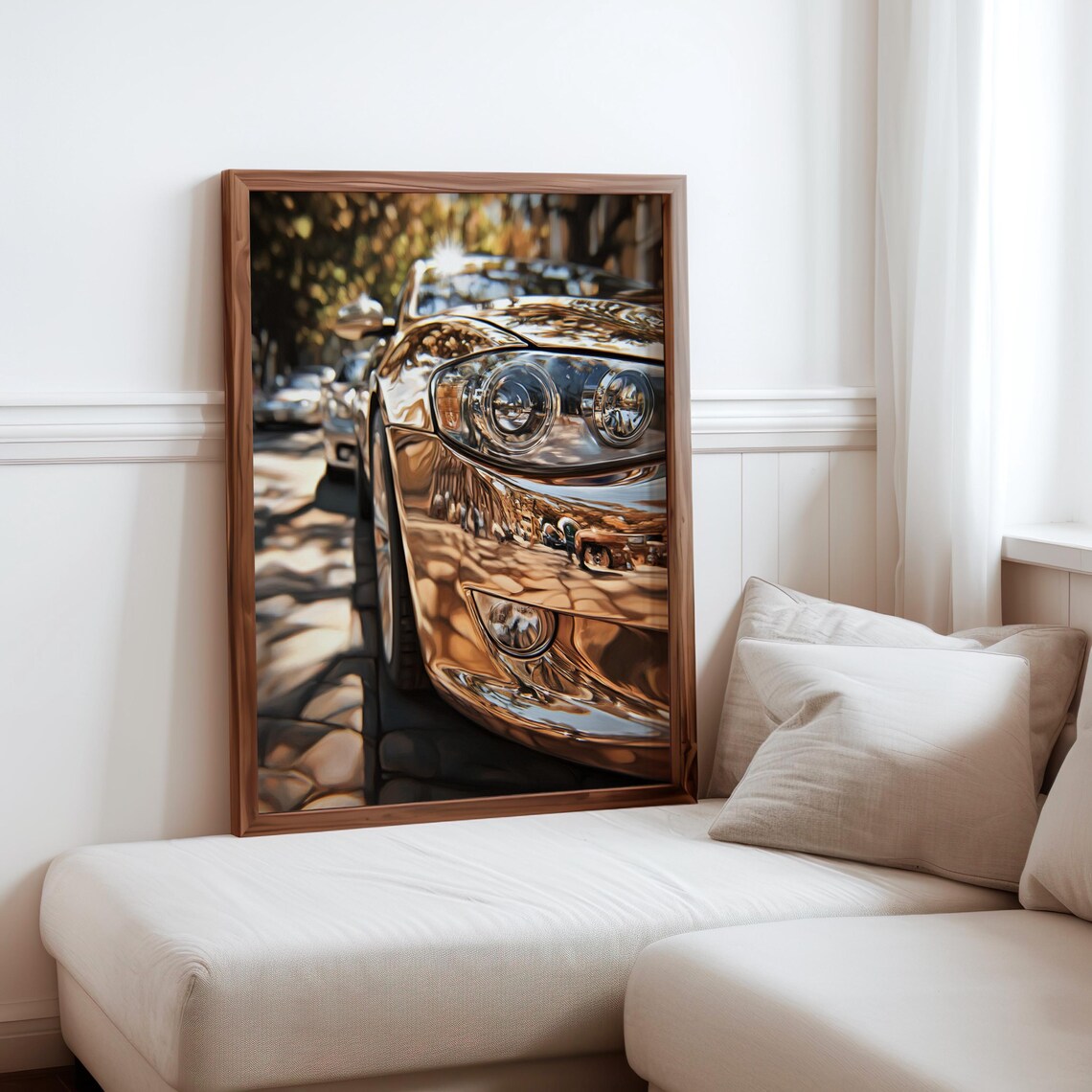 Gold Chrome Sports Car Front Dual Headlights Sunlit Street Poster