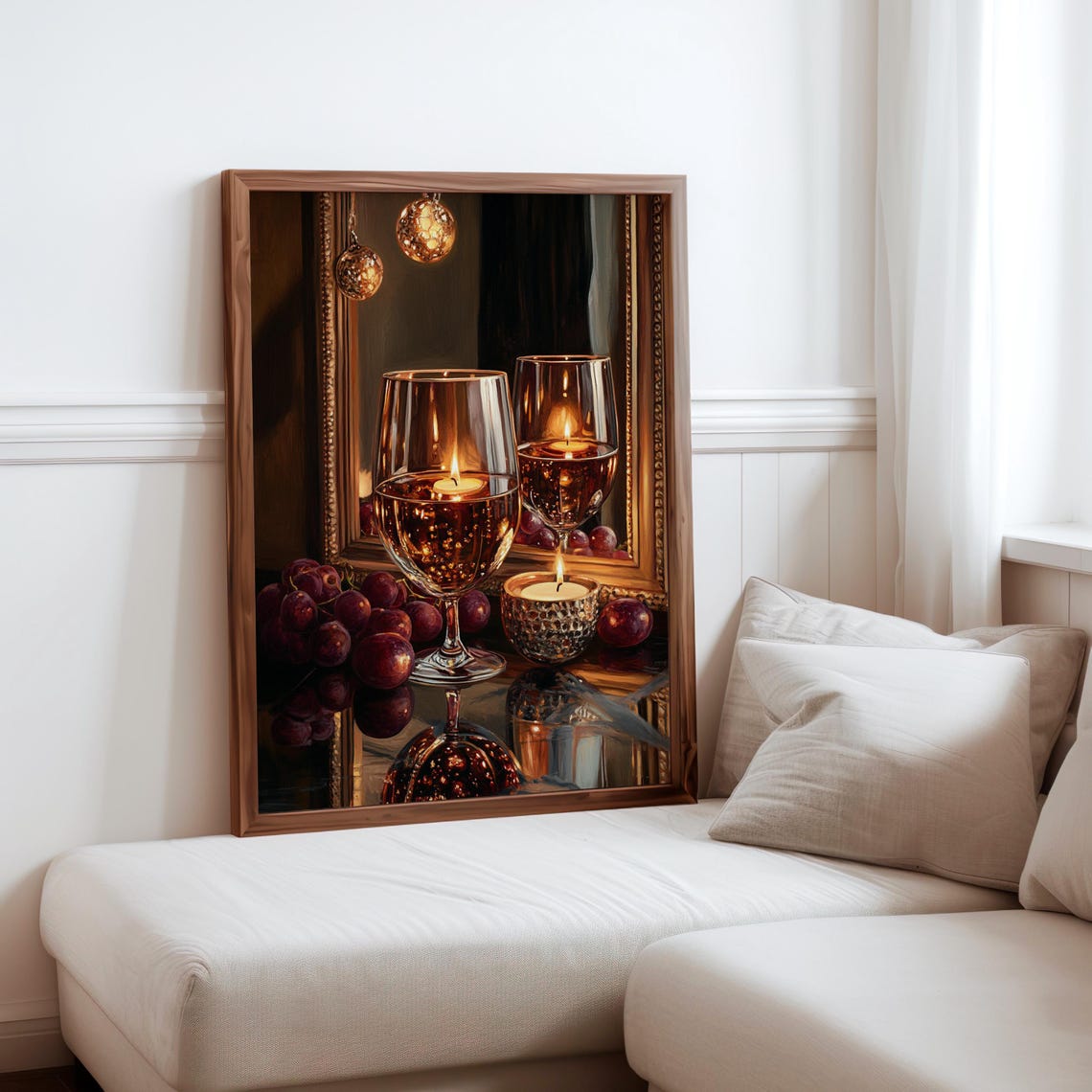 Wine Glasses Holding Candles with Grapes Still Life Poster Art
