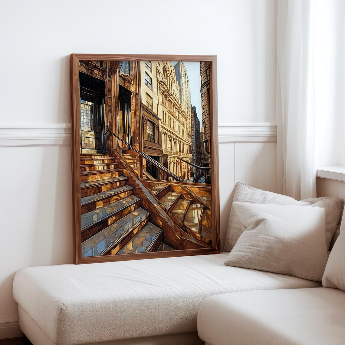 Photorealistic Sunlit Marble Staircase Between City Buildings Poster
