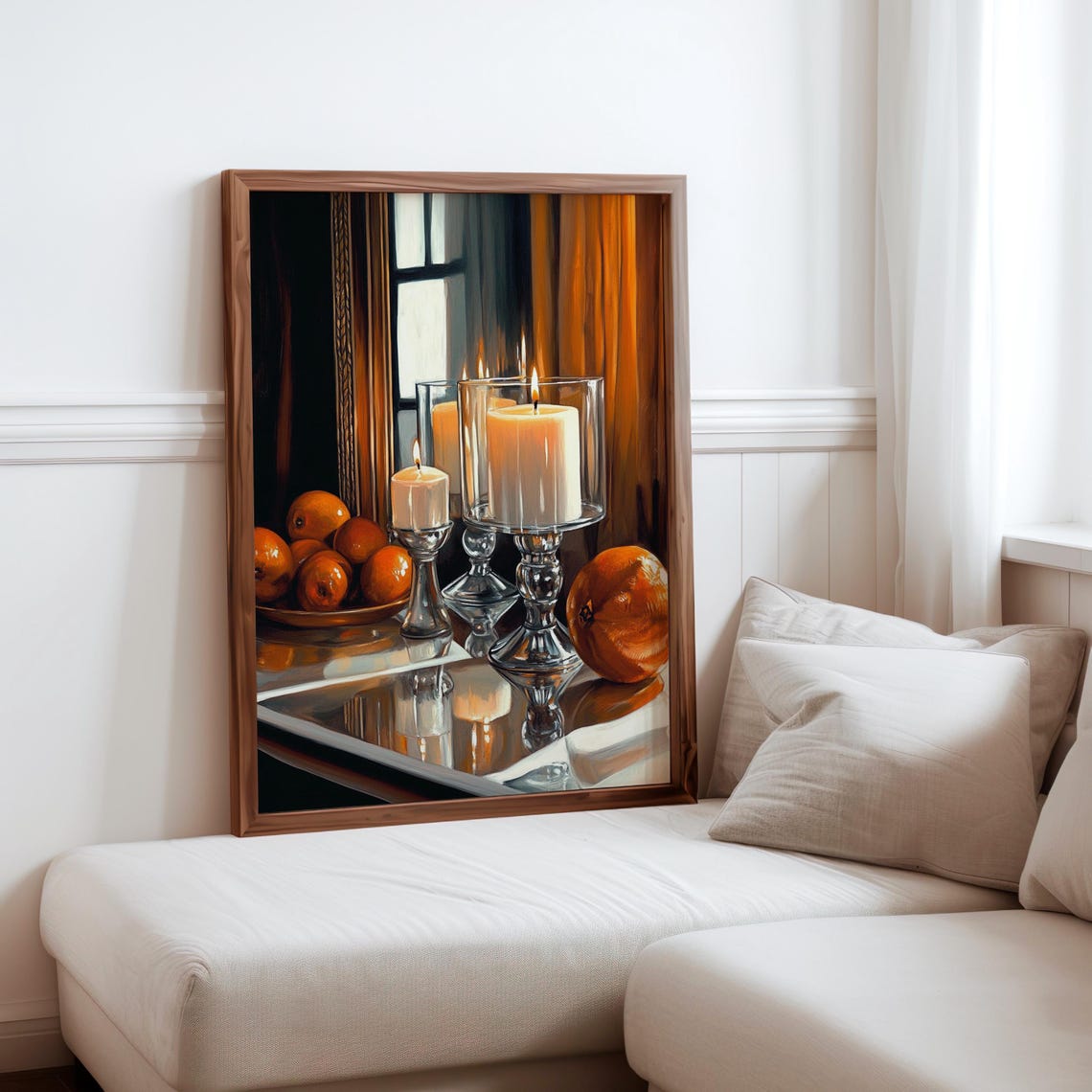 Three Candles with Oranges in Window Light Still Life Poster