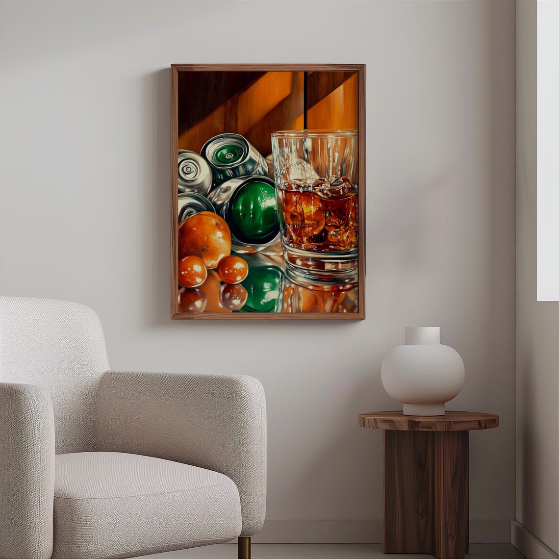 Whiskey Glass on Ice Green Cans Oranges Cherries Warm Still Life Print - Image 2