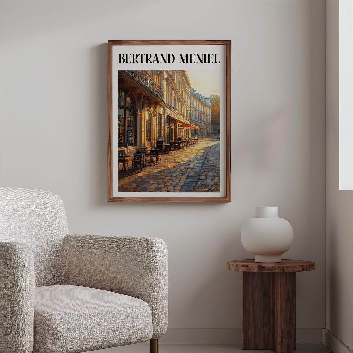 Bertrand Meniel Inspired Golden Hour Cobblestone Cafe Street Poster - Image 2