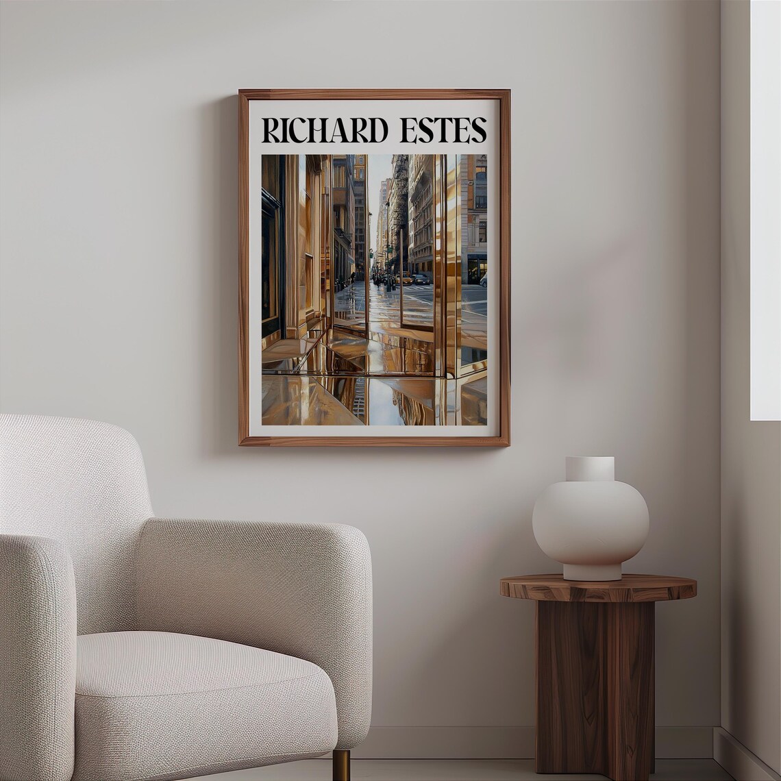 Richard Estes Inspired Golden Street Glass Building Reflection Print - Image 2