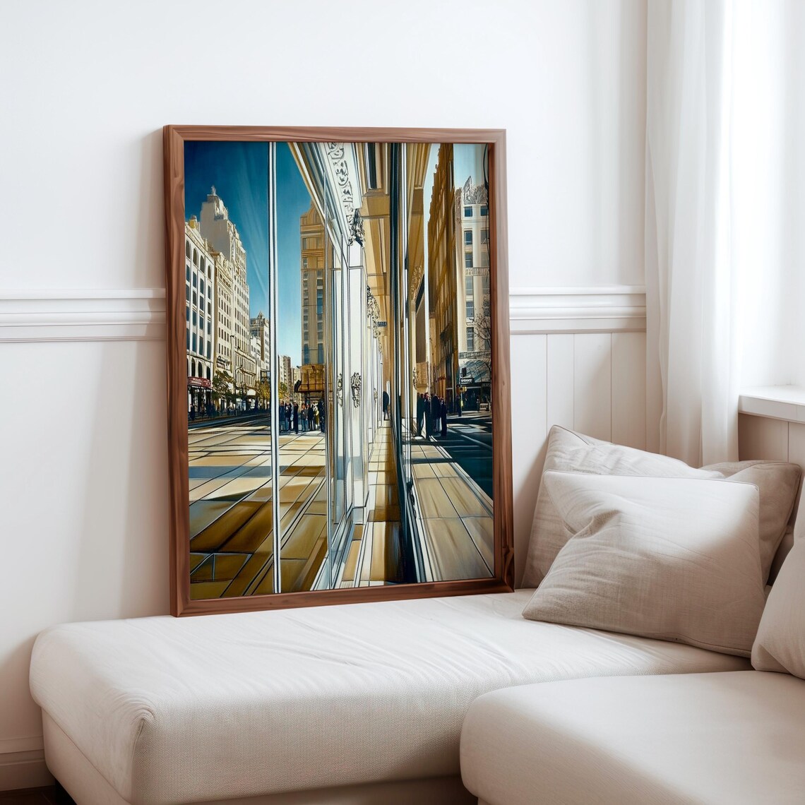 City Street Reflected in Storefront Window Golden Light Urban Print