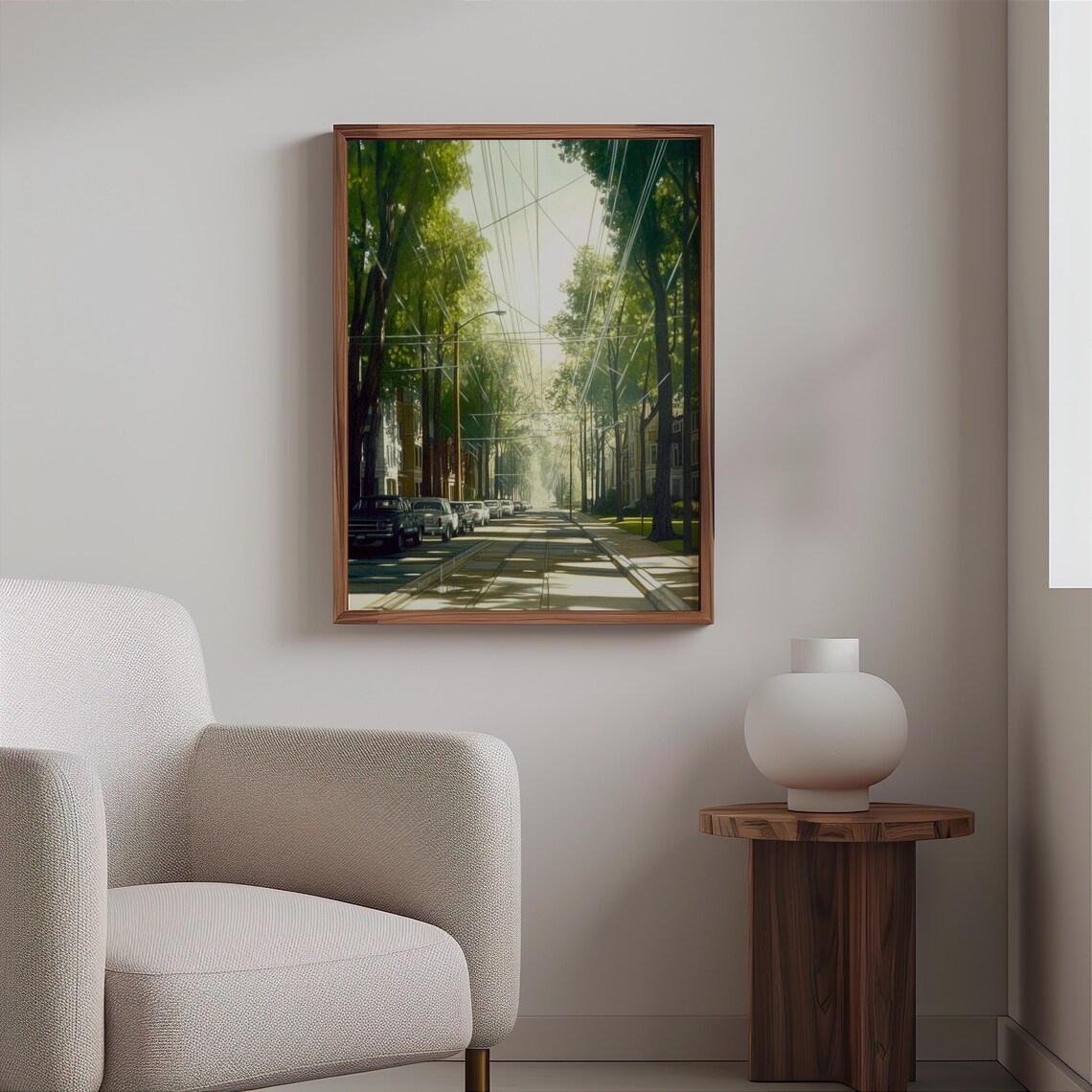 Photorealistic Tree Lined Suburban Street Vintage Cars Sunlight Poster - Image 2