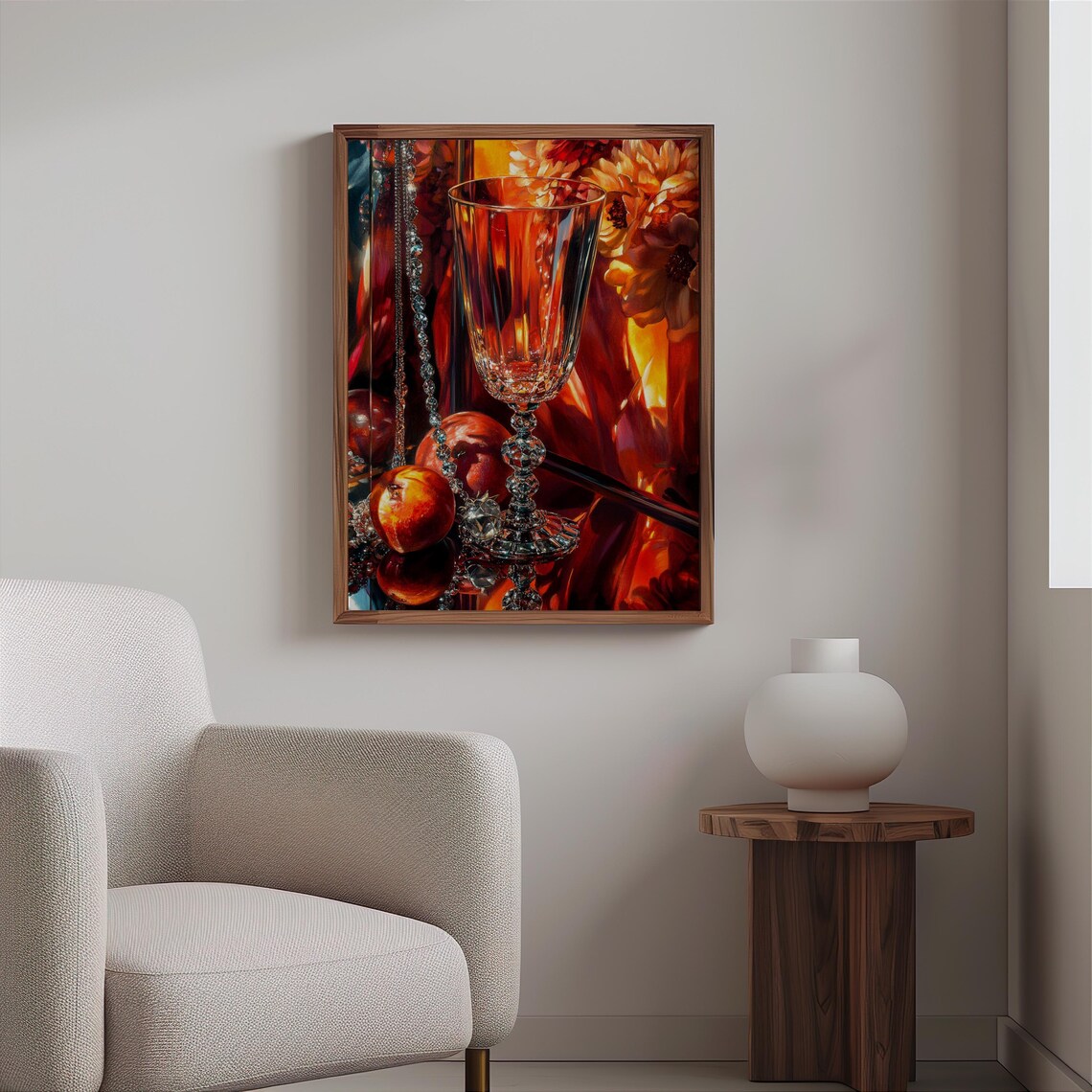 Cut Glass Goblet Amber Fruit Beaded Chains Fiery Photorealism Poster - Image 2