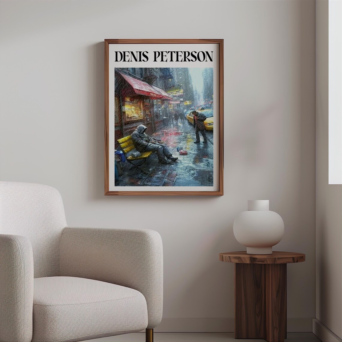 Denis Peterson Rainy New York Street Bench Sleeper Taxi Art Poster - Image 2