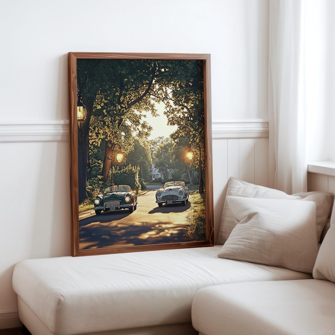 Vintage Roadsters Lamp Lit Avenue Dusk Photorealistic Car Poster