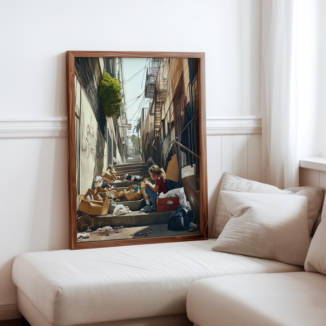 Girl Reading Alley Steps Cardboard Boxes Urban Photorealism Poster