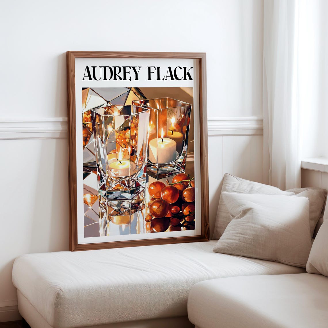 Audrey Flack Inspired Faceted Crystal Glasses Candlelit Grapes Poster