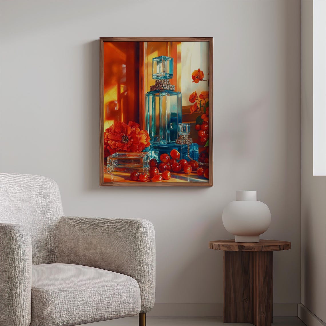 Turquoise Perfume Bottles with Orange Peony Still Life Poster - Image 2